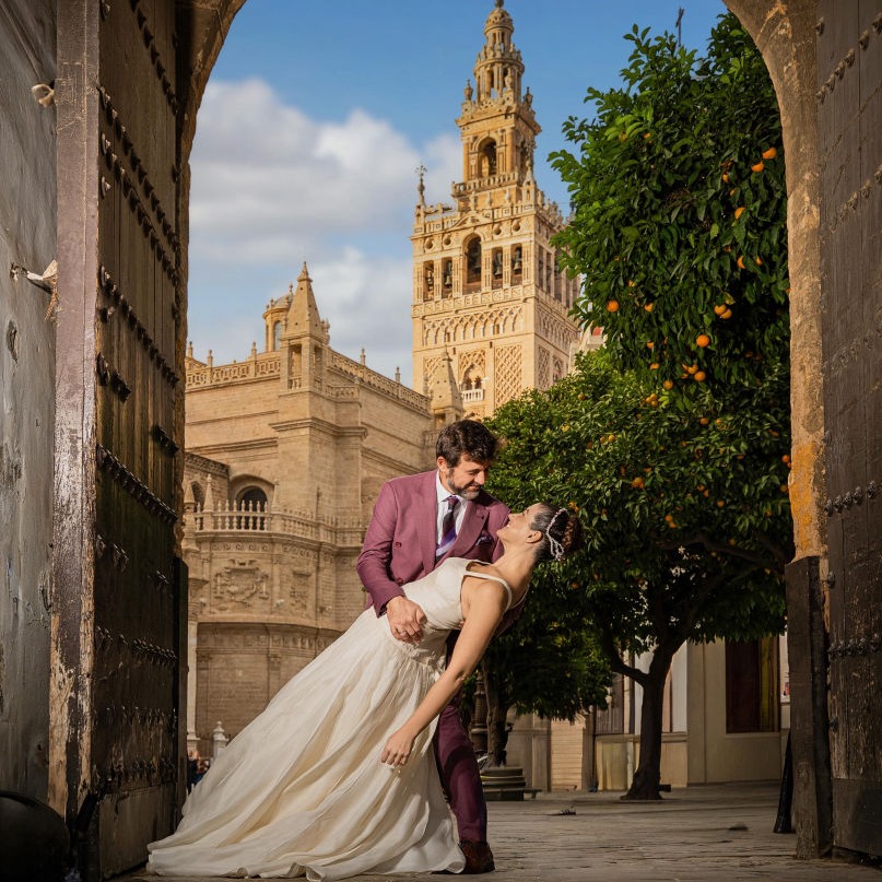 Novios en la orilla del rio guadalquivir sevilla boda