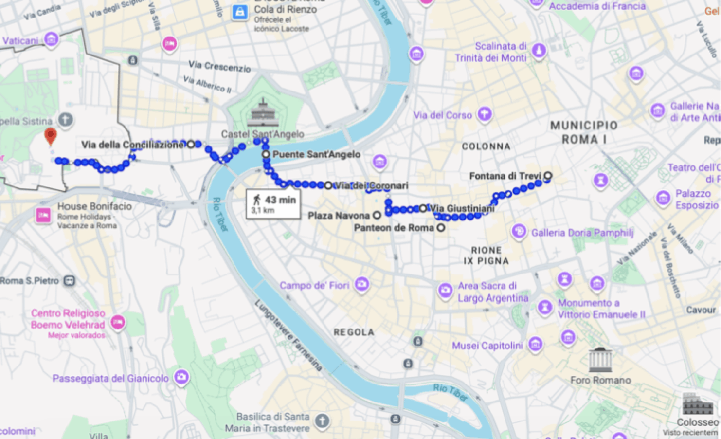 mapa del recorrido fotografico a pie por roma