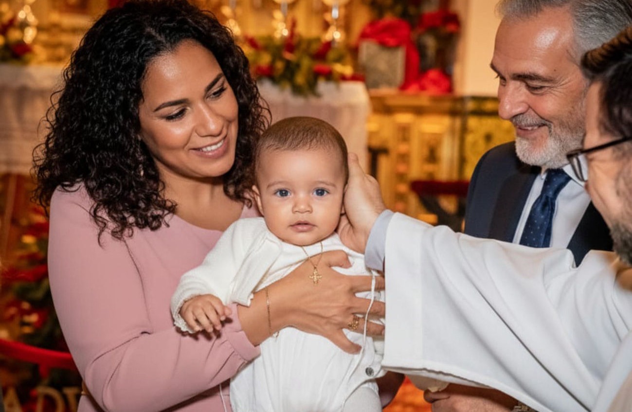 bebé en brazos de la madrina durante su bautizo en la iglesia de san román sevilla fotografía profesional de foto eventos