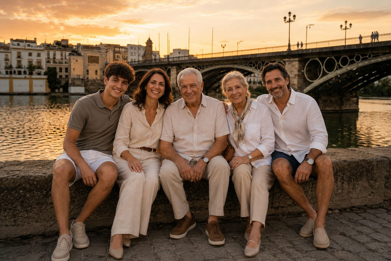 Pareja con Triana al fondo durante el atardecer.