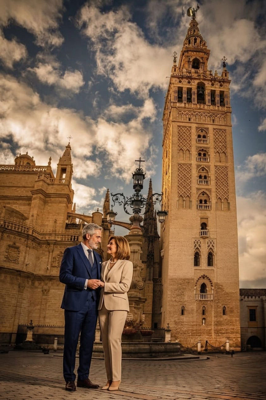 Pareja saliendo del Real Alcázar con luz dorada.