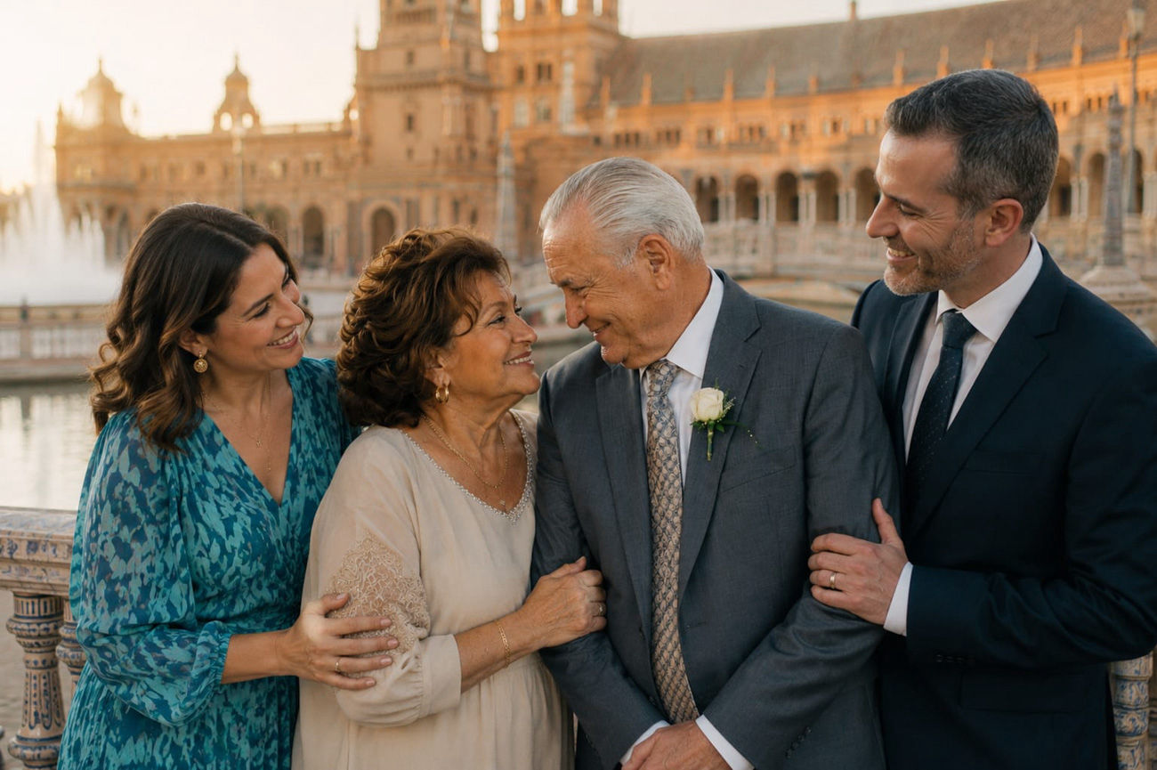 Pareja cruzando uno de los puentes iluminados de Plaza de España.