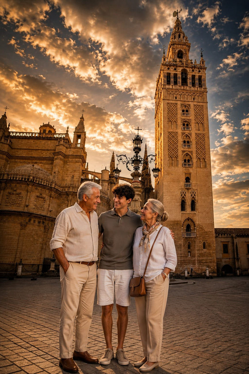 Foto con la Giralda al fondo desde Mateos Gago.