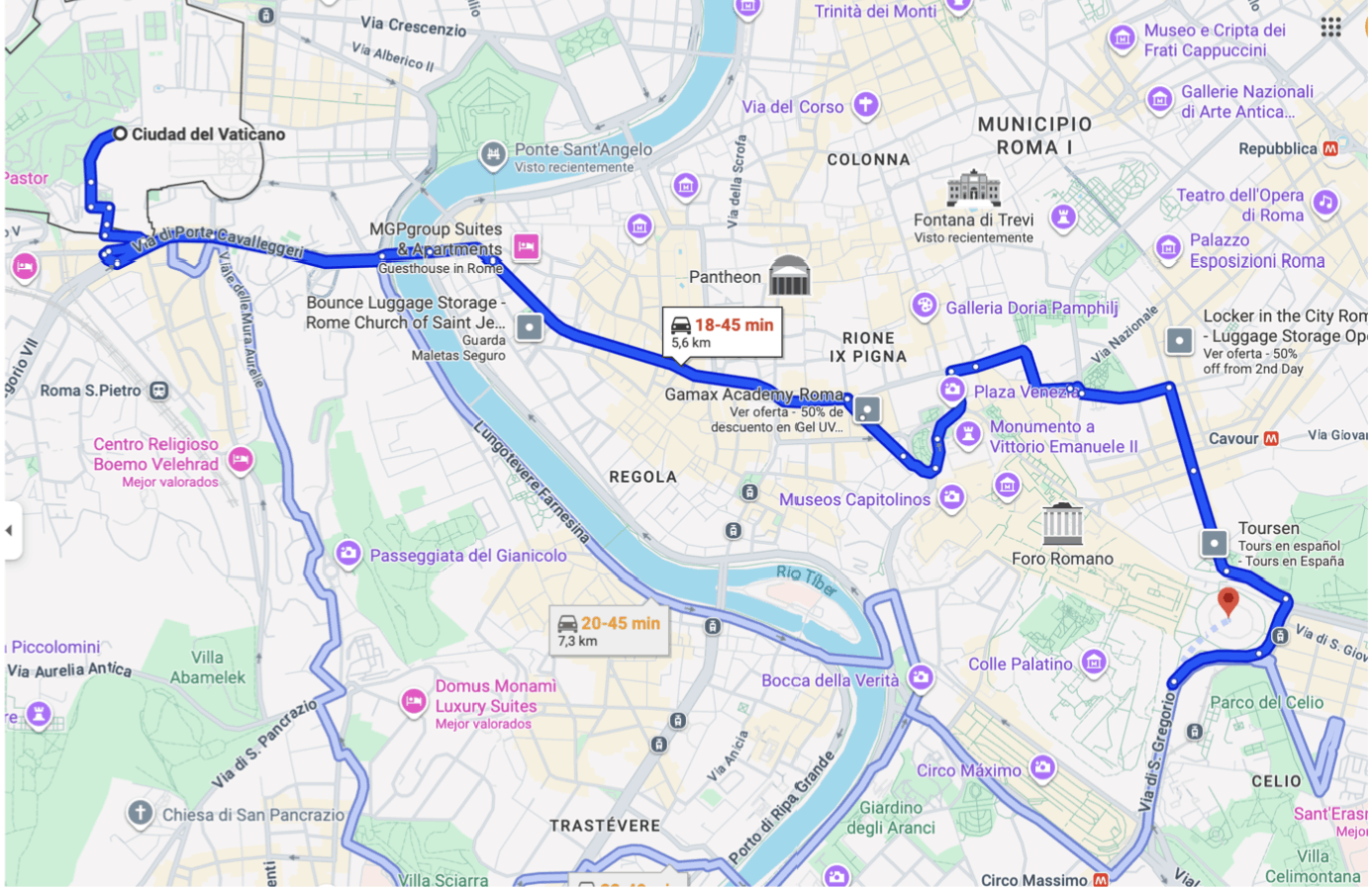 mapa de roma recorrido hacia el coliseo